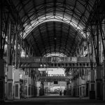 Black and white photograph of an empty market building in Pontianak, Indonesia.