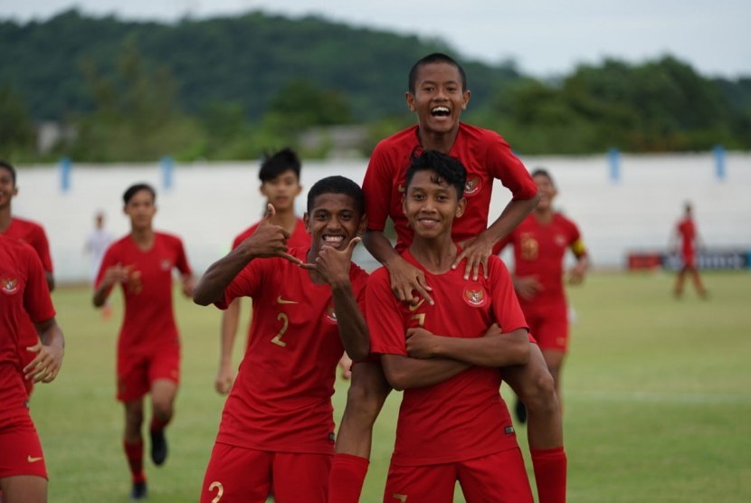 Selebrasi pemain Timnas Indonesia U-15 usai mencetak gol ke gawang Panama