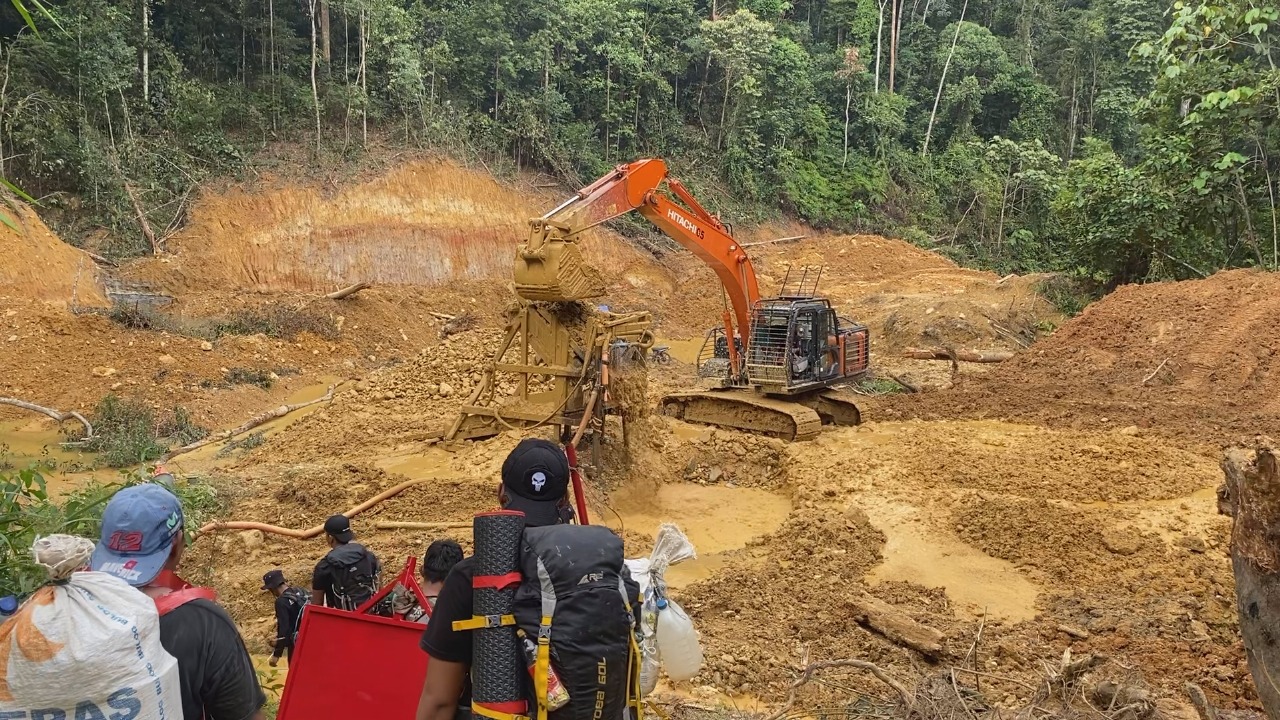 Ekskavator oranye dan para pekerja di lokasi tambang emas ilegal yang mengeruk tanah di kawasan hutan