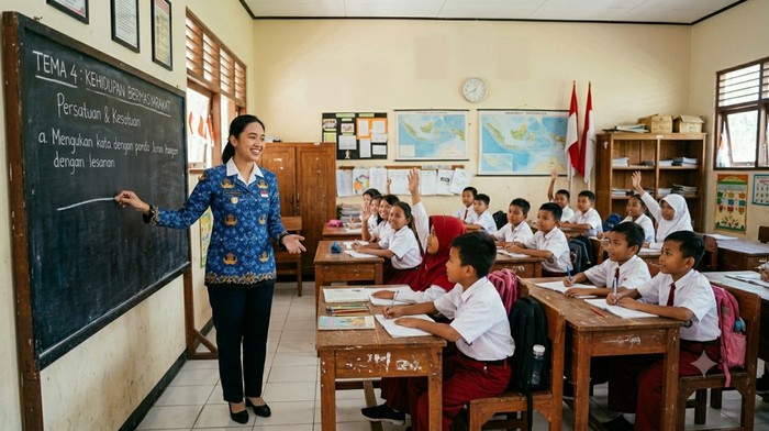 Seorang guru perempuan mengajar di depan papan tulis di ruang kelas dengan murid-murid berseragam putih merah