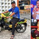 Kolase foto keluarga dan perjalanan Dian Ramadhani: pria di atas sepeda motor, atlet putri muda memegang medali, dan pemain muda berbaju Mifa