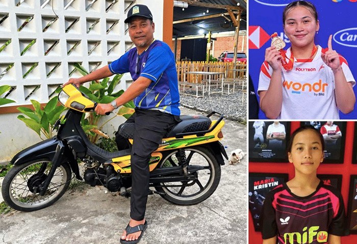 Kolase foto keluarga dan perjalanan Dian Ramadhani: pria di atas sepeda motor, atlet putri muda memegang medali, dan pemain muda berbaju Mifa