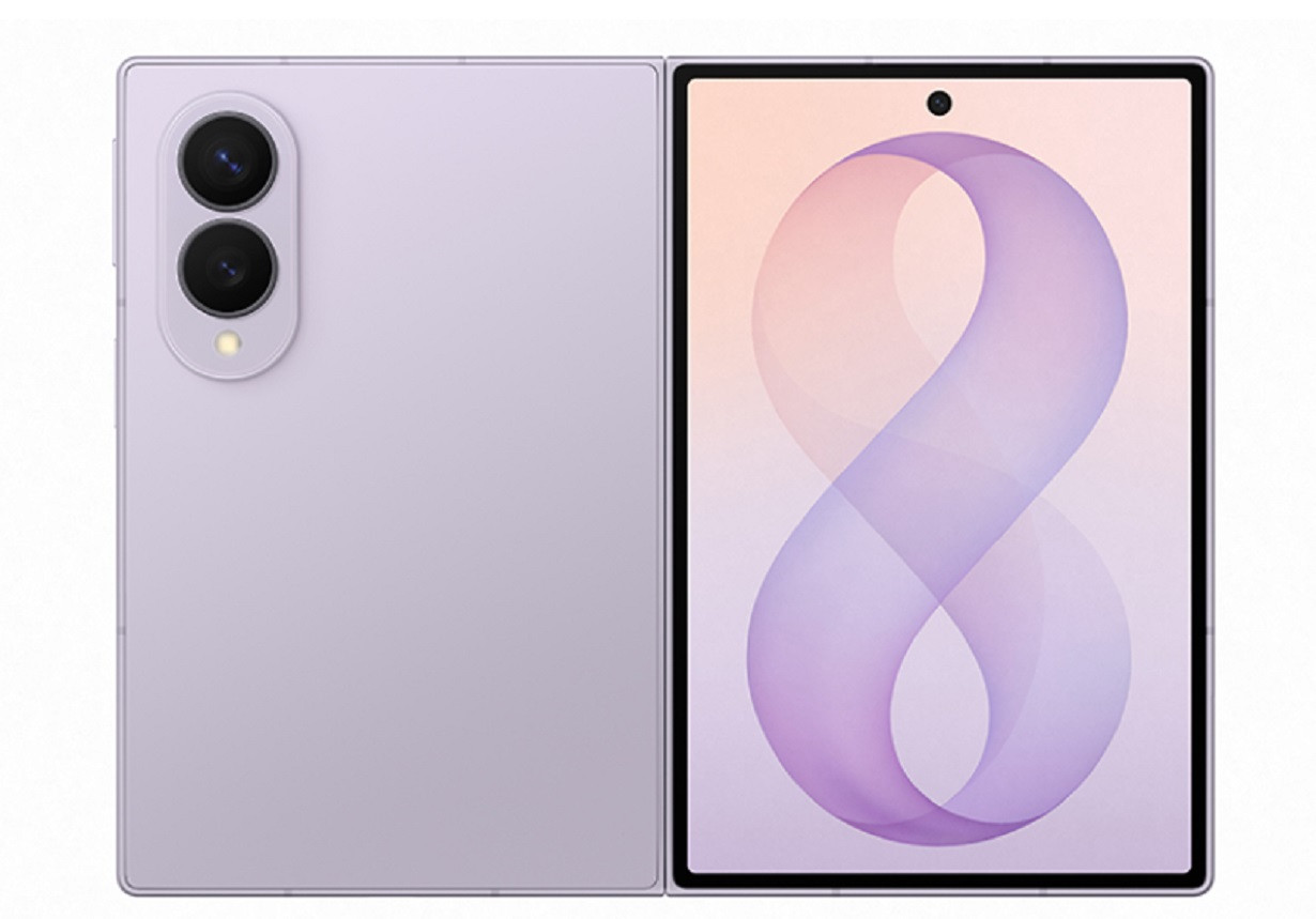 Ponsel lipat Samsung Galaxy Z Fold8 warna ungu muda dengan layar besar menampilkan pita ungu berbentuk angka delapan