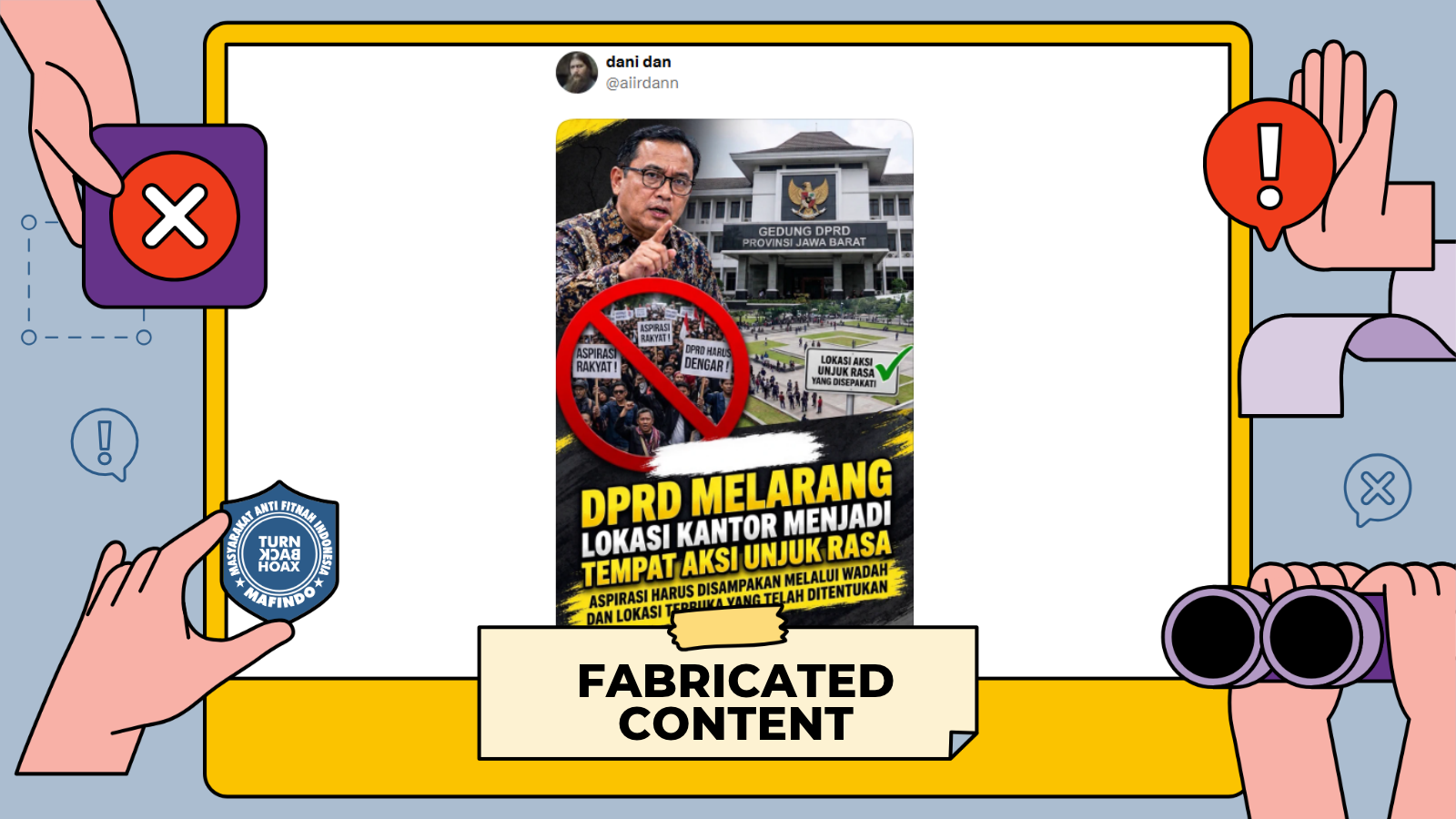 Grafis penanda hasil periksa fakta untuk klaim tentang larangan unjuk rasa di kantor DPRD