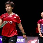 Pasangan ganda putri Indonesia Febriana Dwipuji Kusuma dan Meilysa Trias Puspitasari bertanding bulu tangkis