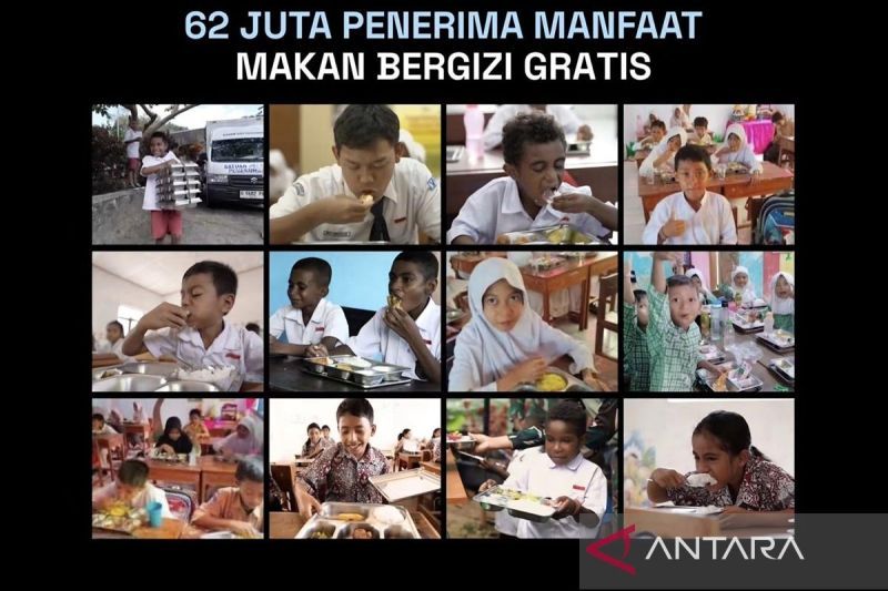 Kolase foto anak-anak penerima Makan Bergizi Gratis dengan tulisan 62 juta penerima manfaat