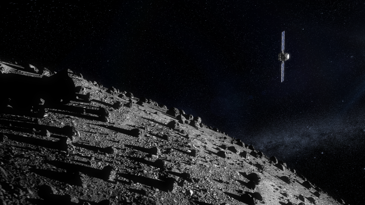 Ilustrasi wahana antariksa Hera mendekati asteroid Dimorphos di ruang angkasa