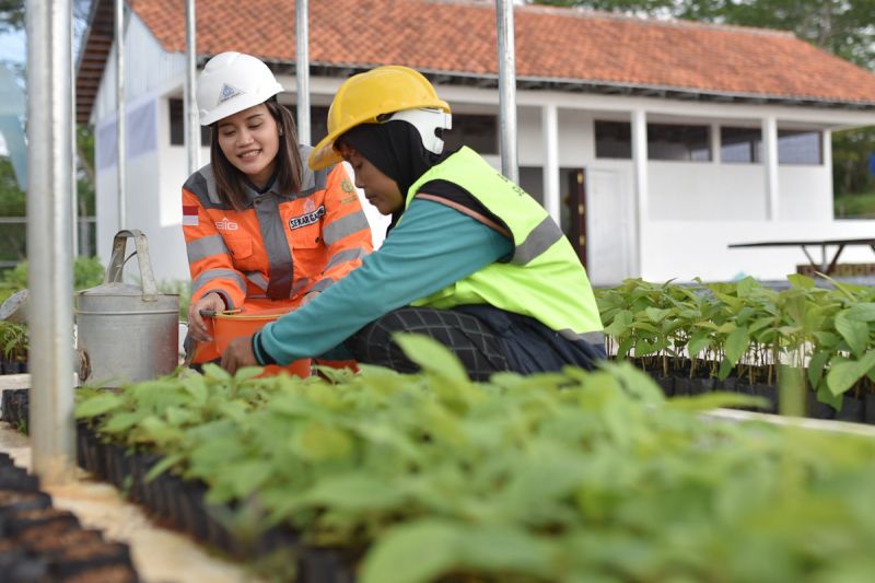 Pabrik semen dengan silo dan cerobong di kawasan industri