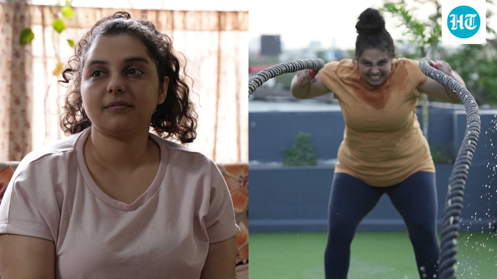 Shriyam Bhagnani dalam potret dan saat berlatih dengan tali battle rope di luar ruangan untuk peran di Sumo Didi