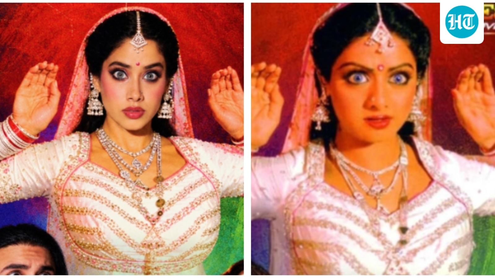Perbandingan gaya Janhvi Kapoor dan Sridevi dalam kostum putih dengan kerudung merah muda dari film Nagina