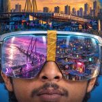 Ilustrasi pria memakai kacamata realitas virtual yang memantulkan panorama kota Mumbai dan permukiman padat
