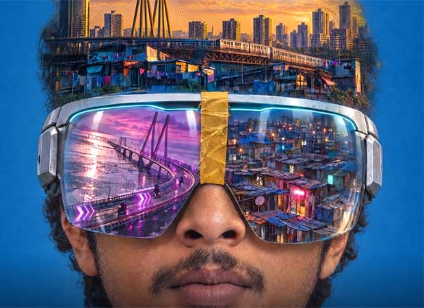 Ilustrasi pria memakai kacamata realitas virtual yang memantulkan panorama kota Mumbai dan permukiman padat