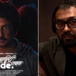 Poster film pendek Aakhiri Ride di sisi kiri dan sutradara Anurag Kashyap memakai headphone di sisi kanan