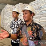 Pejabat Bulog berhelm putih menjelaskan di depan tumpukan karung beras di gudang Semarang