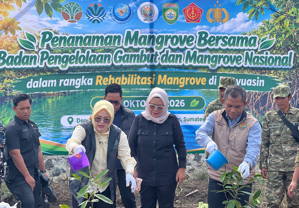 Jajaran BP-GMN menyiram bibit mangrove di Banyuasin di depan spanduk penanaman mangrove