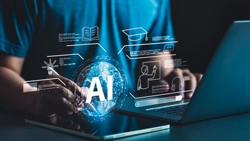 Ilustrasi teknologi kecerdasan buatan dengan jaringan digital dan sosok robot modern