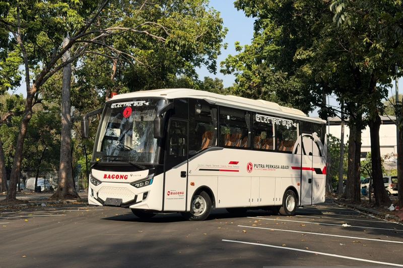 Bus listrik putih buatan industri manufaktur terparkir di jalan yang rindang