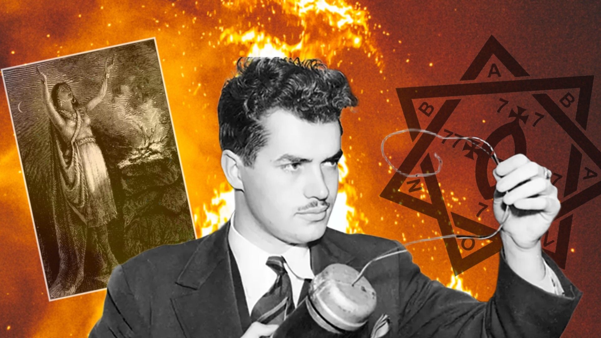 Potret ilmuwan roket Jack Parsons dengan latar peralatan roket era awal
