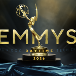 Logo Daytime Emmy Awards dengan tulisan emas di atas latar gelap