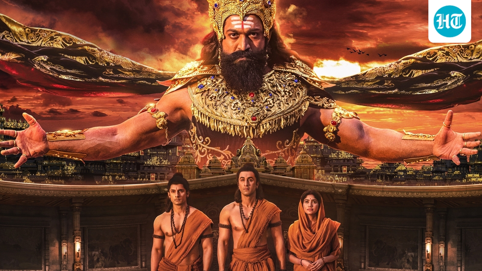 Poster epik film Ramayana yang menampilkan sosok bermahkota emas di atas para tokoh berpakaian oranye