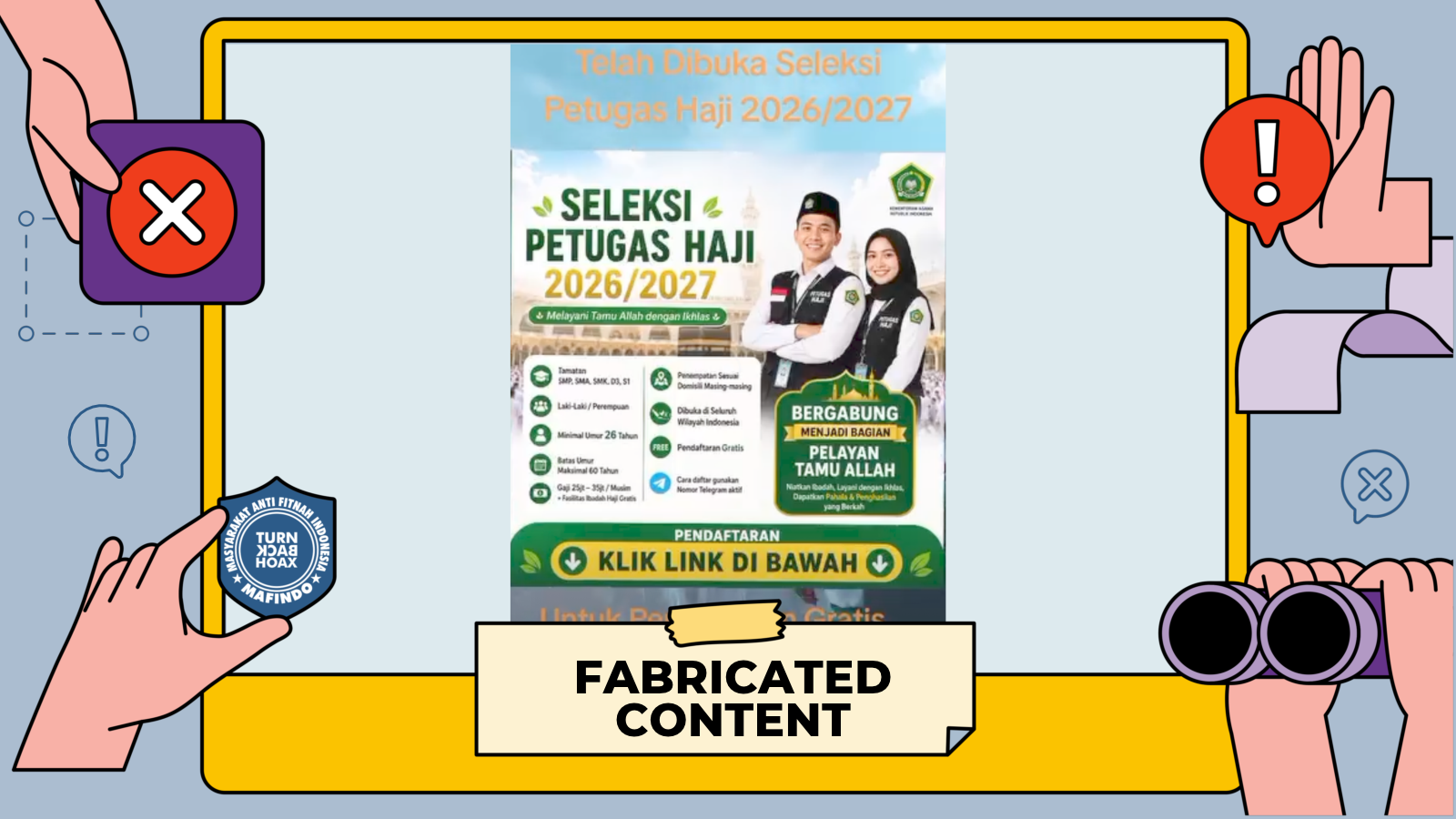 Grafis pemeriksa fakta TurnBackHoax yang menampilkan poster palsu seleksi petugas haji 2026/2027, berlabel konten palsu