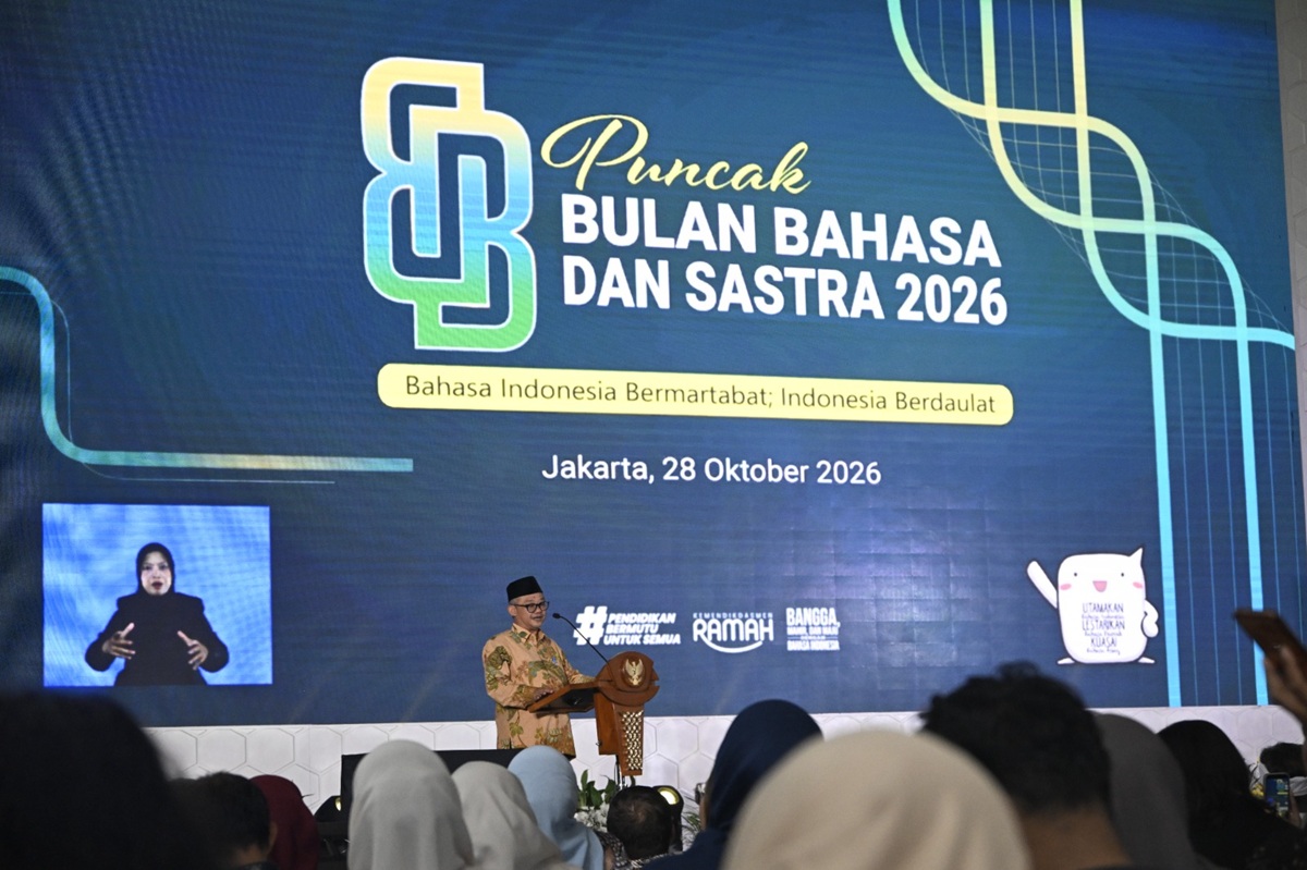 Menteri Pendidikan Dasar dan Menengah Abdul Mu'ti menyampaikan pesan tentang bahasa Indonesia pada Puncak Bulan Bahasa 2026