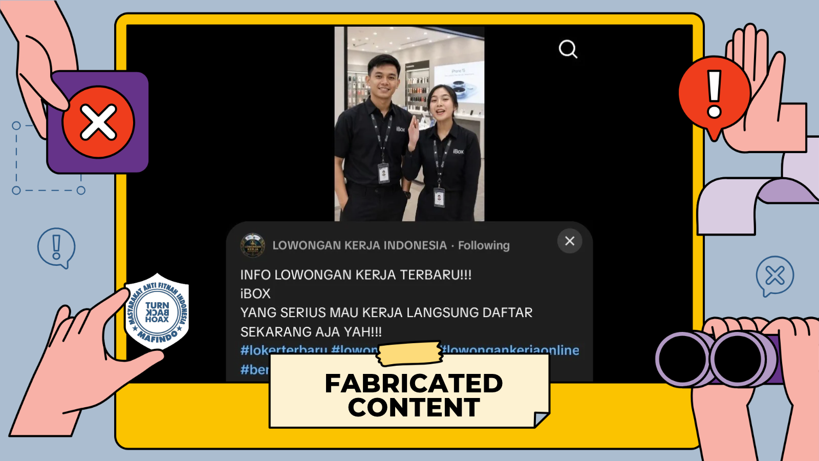 Grafis pemeriksaan fakta bertema penipuan lowongan kerja iBox