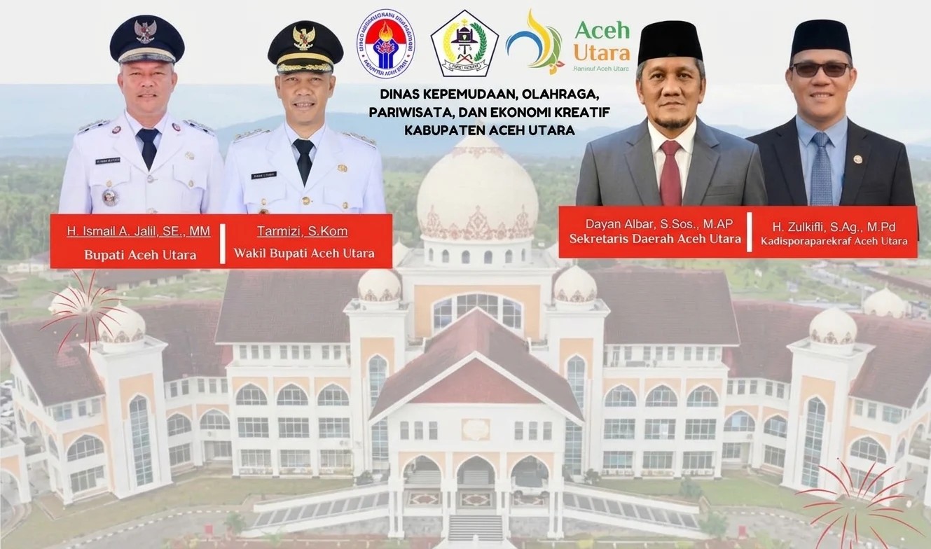 Grafis jajaran pimpinan Kabupaten Aceh Utara dengan latar kantor bupati